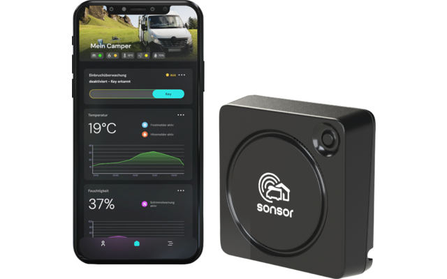Écran de smartphone montrant en haut une photo d'un camping-car, texte 'Mein Camper', température '19°C', humidité '37%' et graphiques ; à côté, un appareil carré noir avec un insert circulaire et le logo 'sonsor'