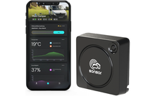 Smartphone-Bildschirm zeigt oben Foto eines Campers, Text 'Mein Camper', Temperatur '19°C', Feuchtigkeit '37%' und Diagramme; daneben ein quadratisches schwarzes Gerät mit rundem Einsatz und Textlogo 'sonsor'