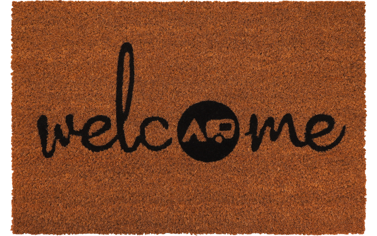 Brauner Fußabtreter mit schwarzem Schriftzug 'welcome' und schwarzem Kreis als 'o' mit Wohnwagen-Symbol