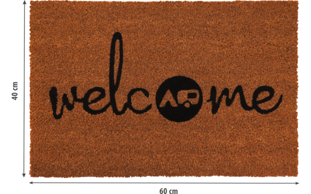 Braune rechteckige Fußmatte mit schwarzem Schriftzug "welcome"; das "o" ist durch einen schwarzen Kreis mit zwei weißen abstrakten Formen ersetzt