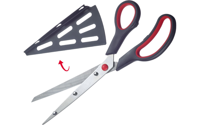 Ciseaux métalliques avec poignées noires et inserts rouges, à côté d'un étui plastique noir et d'une flèche rouge