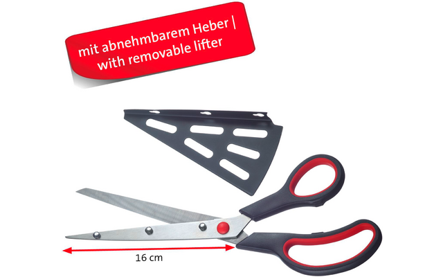 Ciseaux ouverts avec poignées noires et rouges, lames argentées avec rivet pivot rouge et indication rouge '16 cm', à côté un protège-lame noir amovible à fentes, en haut à gauche une étiquette rouge avec texte blanc 'mit abnehmbarem Heber / with removable lifter'