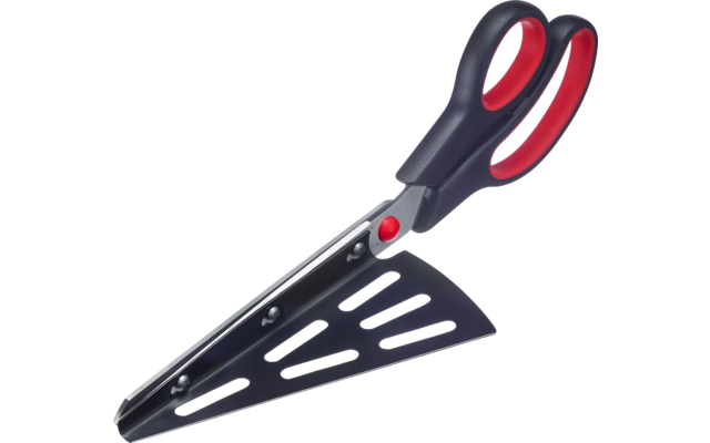 Ciseaux avec poignées noires et intérieur rouge, lames argentées, une lame partiellement couverte par un capuchon noir à fentes allongées, rivet de pivot rouge