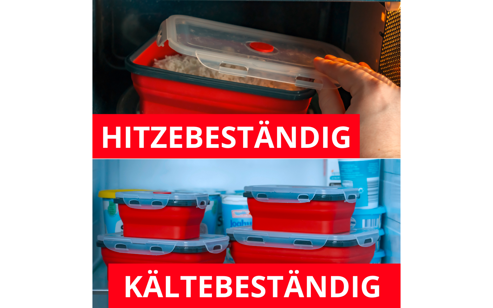 Zweigeteiltes Bild. Oben: Hand schließt transparenten Deckel eines roten, rechteckigen Behälters mit weißem Reis im Inneren eines Mikrowellengeräts. Unten: Vier rote Behälter mit transparenten Deckeln gestapelt auf einem Kühlschrankregal, im Hintergr