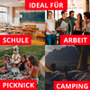 Collage aus vier Fotos: oben links leeres Klassenzimmer mit Tafel und Schülertischen; oben rechts fünf Personen im Flur, eine hält einen Laptop; unten links drei Personen sitzen auf einer Decke mit Picknick; unten rechts Sicht aus einem Zelt auf Berg