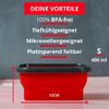 Rotes, faltbares rechteckiges Kunststoffbehältnis mit schwarzem Deckel auf hellem Untergrund; oberhalb rotes Banner mit weißem Text 'DEINE VORTEILE' und darunter die Punkte '100% BPA-frei', 'Tiefkühlgeeignet', 'Mikrowellengeeignet', 'Platzsparend fal