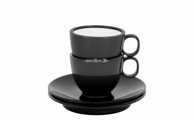 Deux tasses noires empilées sur une soucoupe noire, la tasse supérieure montre l'intérieur blanc, anses à droite