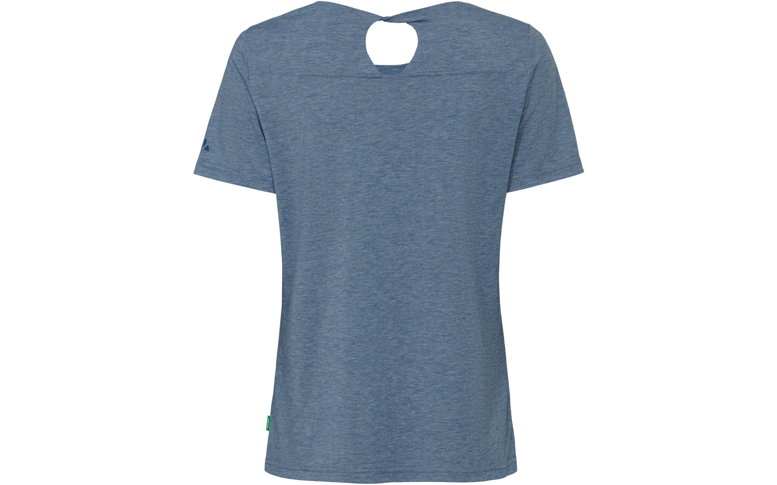 Rückansicht eines blauen melierten Kurzarm-T-Shirts mit rundem Halsausschnitt und kleiner Schlüssellochöffnung am oberen Rücken