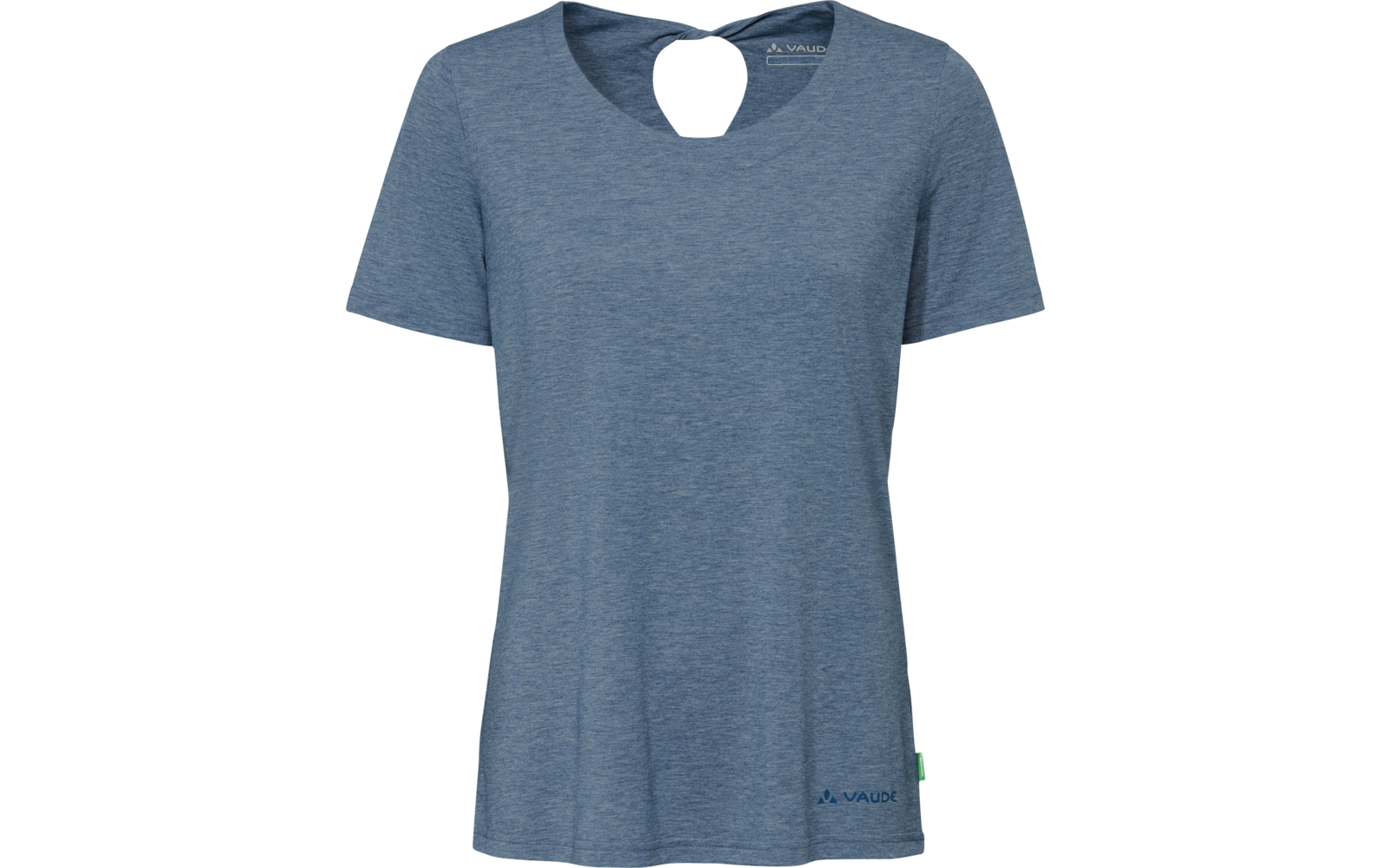 Blue heathered T-shirt with short sleeves and front keyhole neckline, small logo at lower right and green side tag