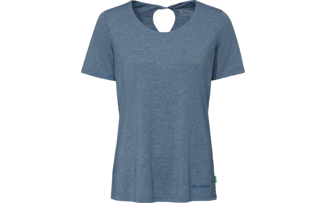 Blue heathered T-shirt with short sleeves and front keyhole neckline, small logo at lower right and green side tag