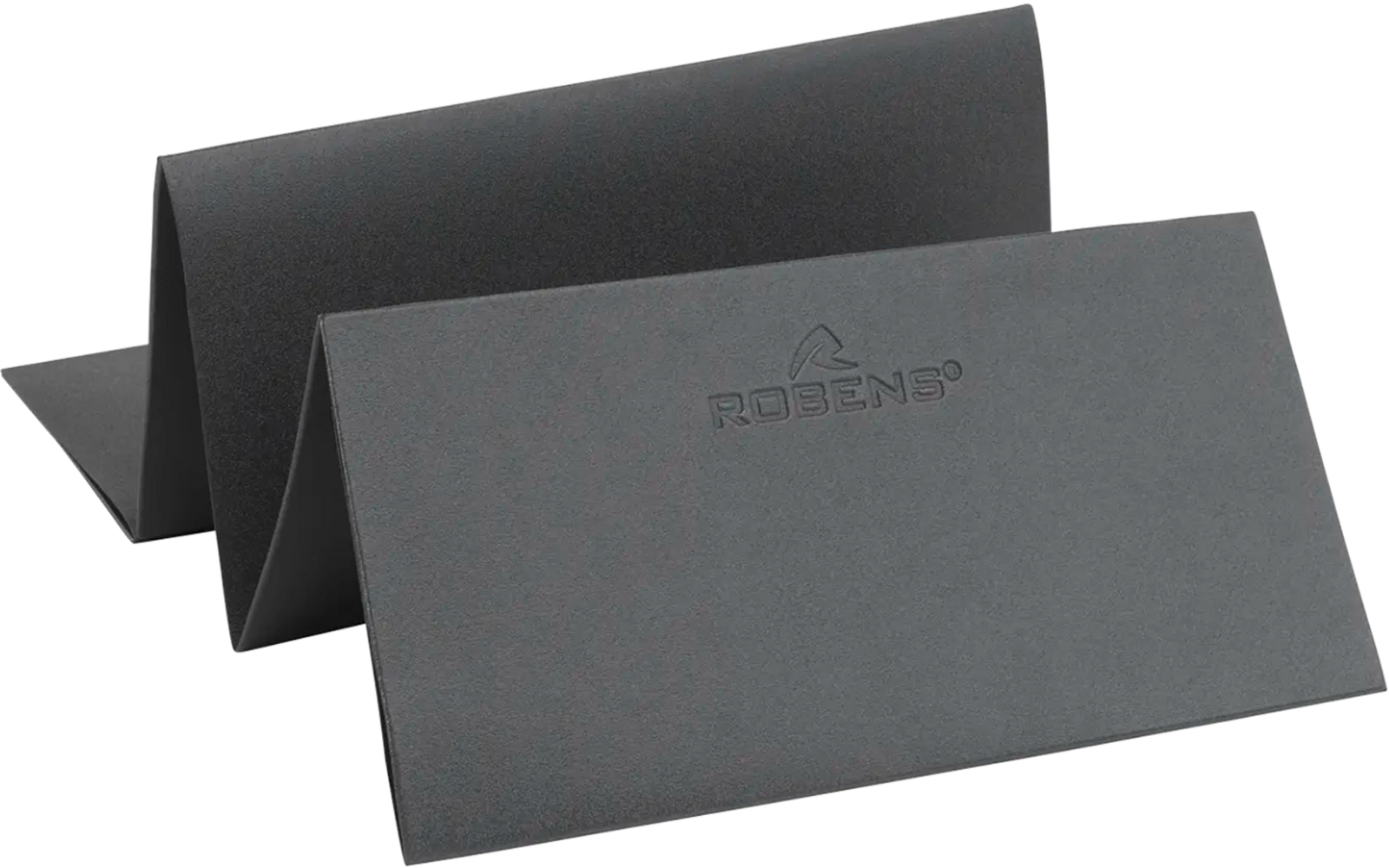 Twee gevouwen zwarte kartonnen plaatskaarten op een witte achtergrond