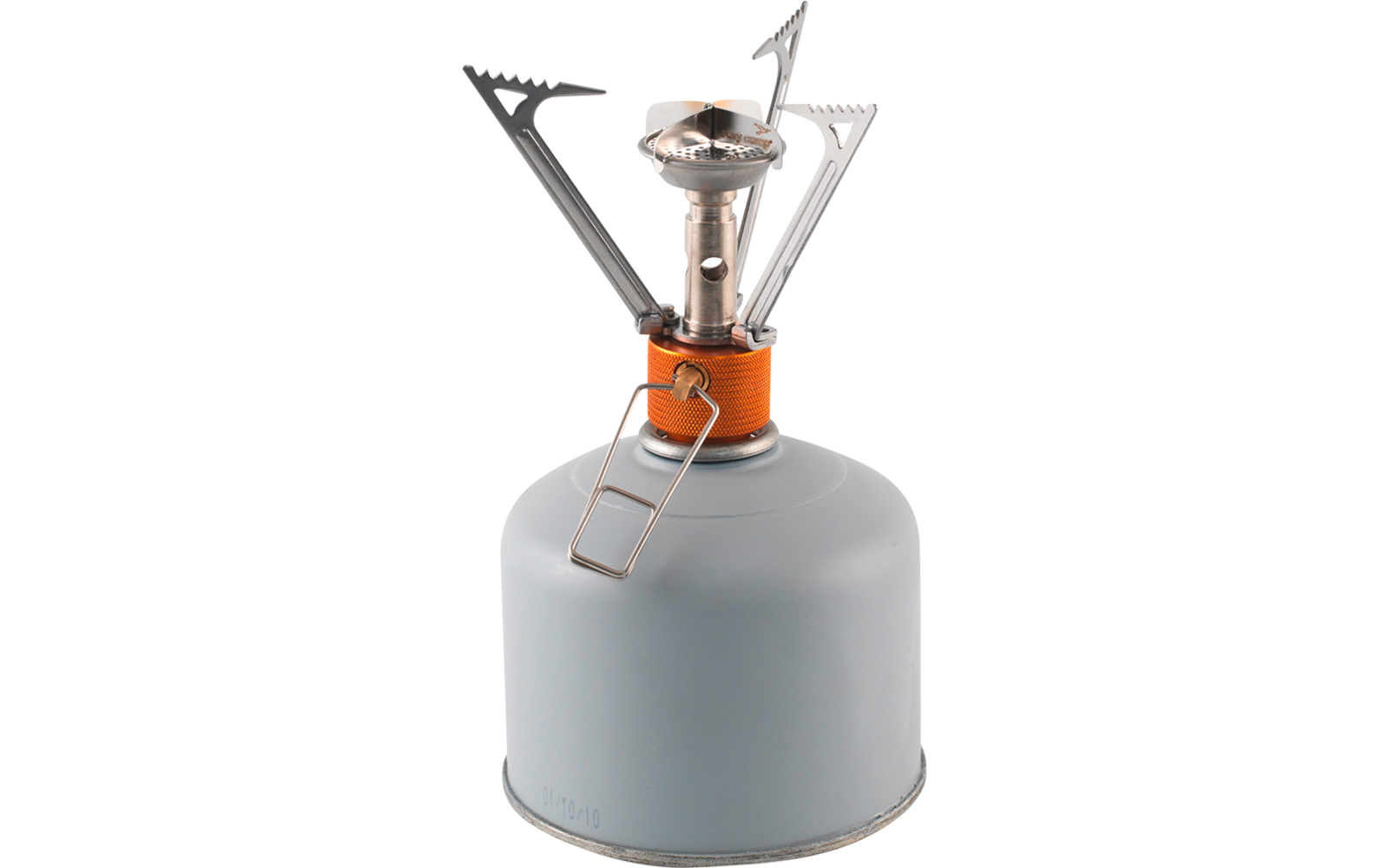 Kleiner Camping-Gaskocher auf grauer Gasflasche, Metallbrenner, orangefarbener Verbindungsring und klappbare Topfträger