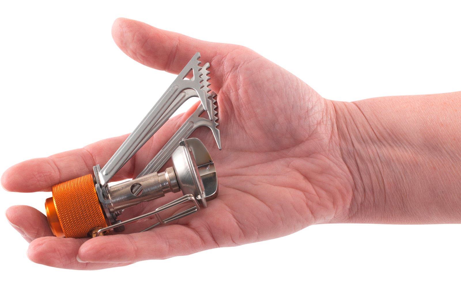 Hand hält ein kleines, zusammenklappbares Metallgerät mit orangefarbenem Drehknopf