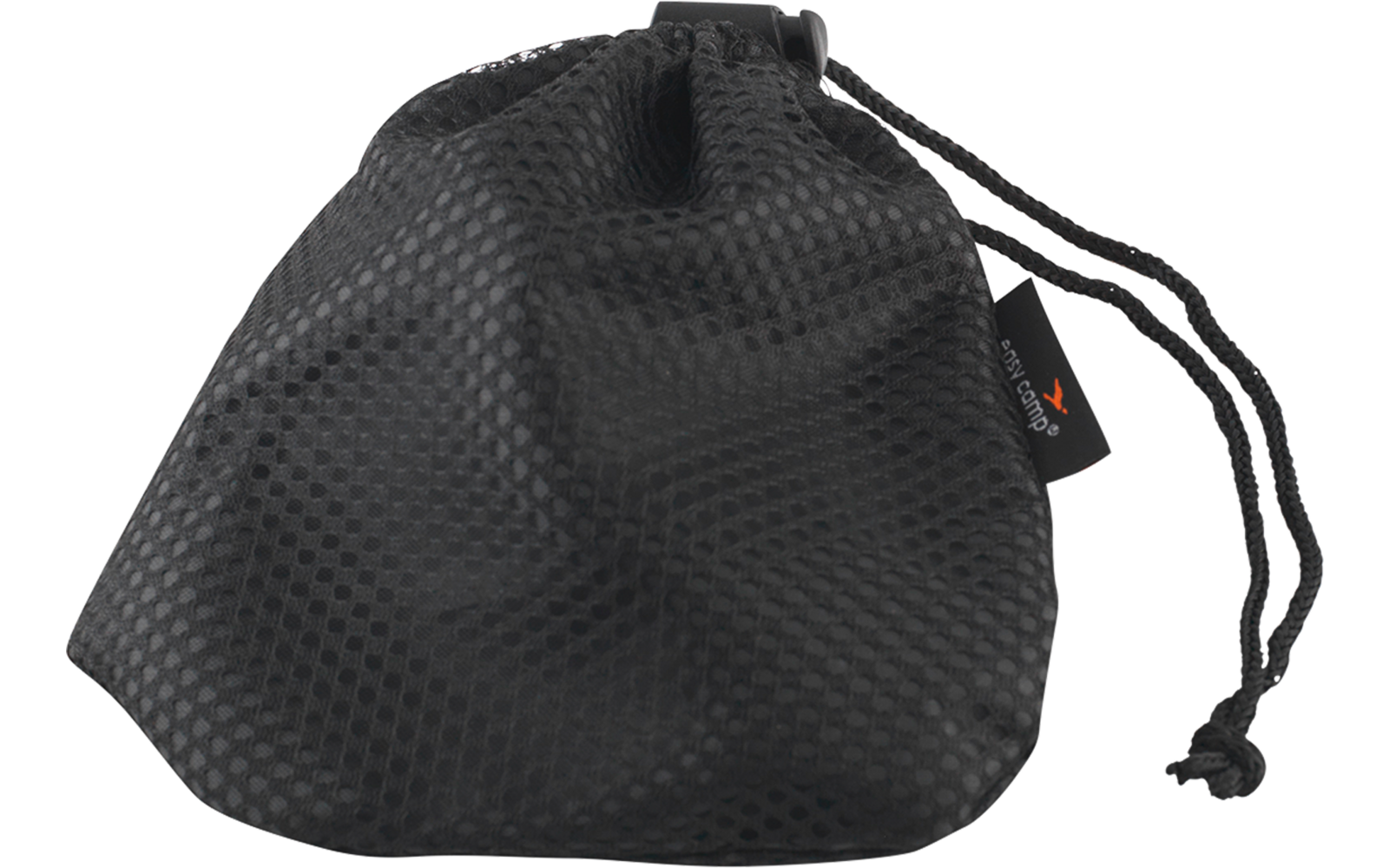 Schwarzer Mesh-Beutel mit Kordelzug, leicht geöffnet, mit zwei Kordeln und kleinem Stoffetikett