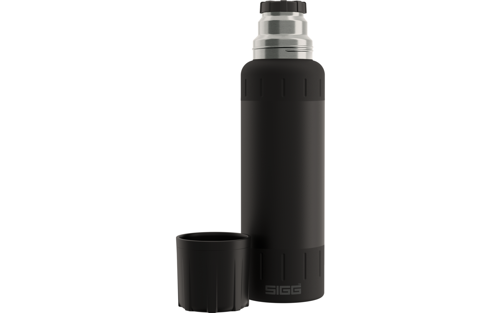 Schwarze Thermosflasche mit silbernem oberen Abschnitt; davor ein abgesetzter schwarzer Becher