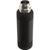 Schwarze Trinkflasche mit abgenommenem Schraubdeckel, sichtbarer Edelstahlflaschenhals
