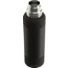 Schwarze Trinkflasche mit abgenommenem Schraubdeckel, sichtbarer Edelstahlflaschenhals