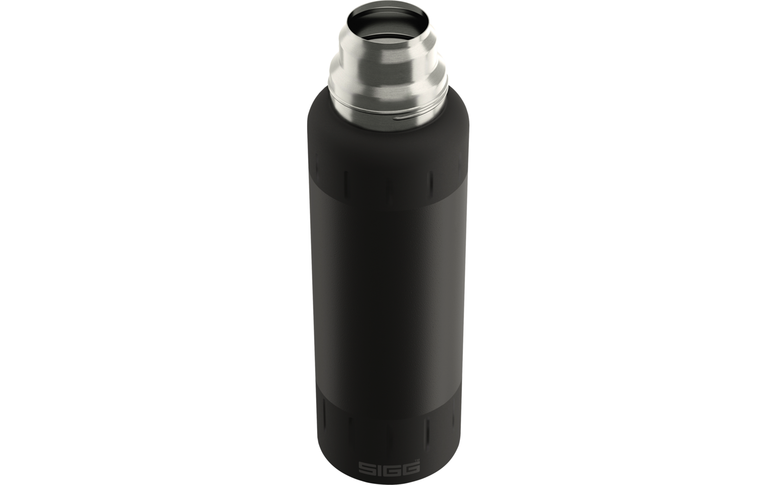 Schwarze Trinkflasche mit abgenommenem Schraubdeckel, sichtbarer Edelstahlflaschenhals