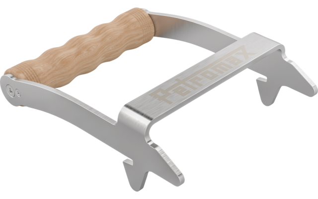 Silberner Metallrahmen mit hellbraunem Holzhandgriff, zwei gebogenen Metallarmen und zwei vorne ragenden gezackten Zapfen auf weißem Hintergrund