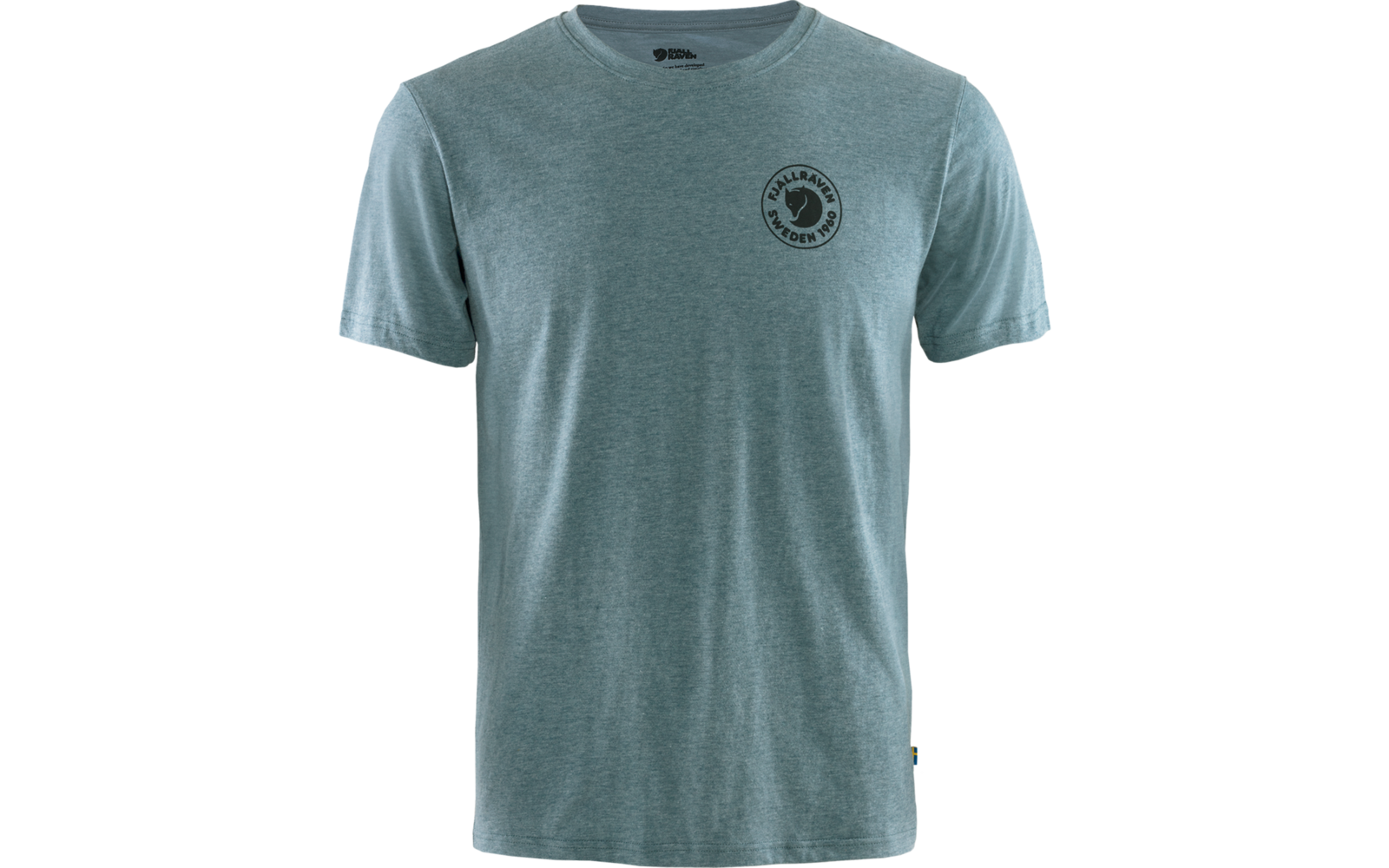 Vue de face d'un T‑shirt chiné vert‑bleu clair avec col rond, manches courtes et petit motif rond foncé sur la poitrine gauche