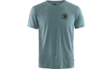 Vue de face d'un T‑shirt chiné vert‑bleu clair avec col rond, manches courtes et petit motif rond foncé sur la poitrine gauche