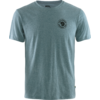 Vue de face d'un T‑shirt chiné vert‑bleu clair avec col rond, manches courtes et petit motif rond foncé sur la poitrine gauche