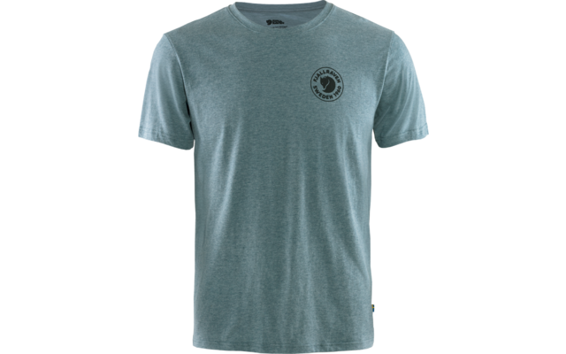 Vue de face d'un T‑shirt chiné vert‑bleu clair avec col rond, manches courtes et petit motif rond foncé sur la poitrine gauche