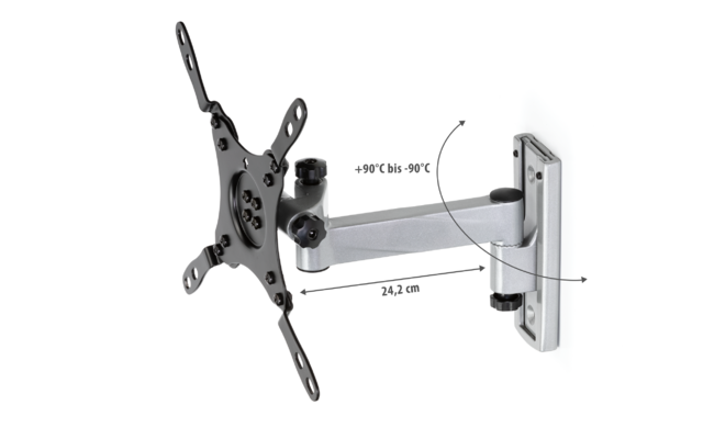 Metallgelenkarm mit kreuzförmiger Befestigungsplatte links, rechteckige Wandplatte rechts, Beschriftungen '24,2 cm' und '+90° bis -90°' sowie Pfeile, weißer Hintergrund