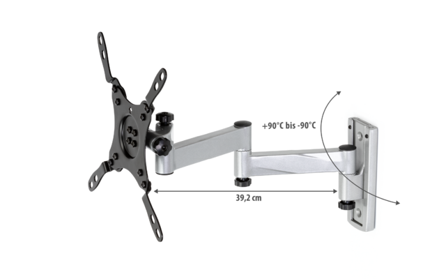 Metallischer Wandhalterungsarm mit VESA-Montageplatte, zwei Gelenkarmen, rechteckiger Wandbefestigungsplatte, Beschriftung '39,2 cm' und Pfeil mit '+90° bis -90°'