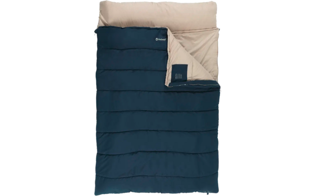 Dunkelblauer und hellbeiger Schlafsack, teilweise geöffnet auf einer weißen Fläche