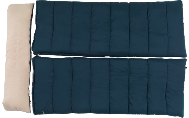 Blauer Schlafsack mit hellbeiger Kopfstütze