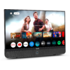 Televisore a schermo piatto con interfaccia smart TV. Banner con tre persone davanti a un cielo nuvoloso. Sotto, fila di icone app: Netflix, YouTube, Freeplay, Prime Video, Disney+, Apple TV, Max, Hulu, Spotify. Barra altoparlante e pulsante di accensione visibili