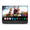 Televisore a schermo piatto acceso; in alto una scena con tre persone; in basso una fila di icone app (es. Netflix, YouTube, Prime Video, Apple TV, Max, Hulu, Spotify)