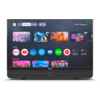 Televisore nero che mostra la schermata principale Google TV con ora 19:21, barra di ricerca, miniature di anteprima e icone delle app (Netflix, YouTube, Disney+, Prime Video, HBO Max, iQIYI). Piccola LED blu sulla cornice inferiore