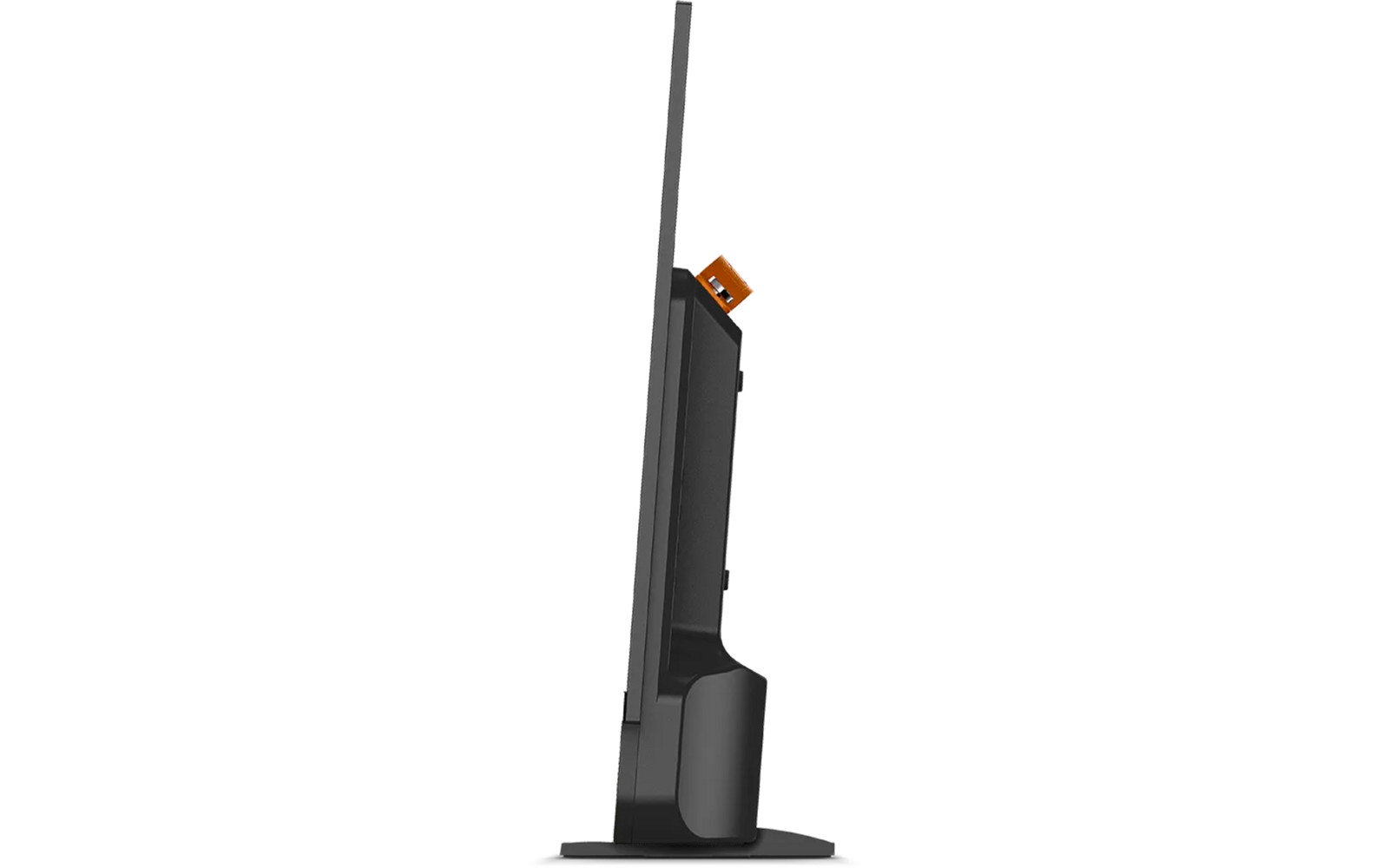 Vista laterale di uno schermo piatto nero su un supporto con base rettangolare, retro visibile con canalina per cavi nera e clip arancione