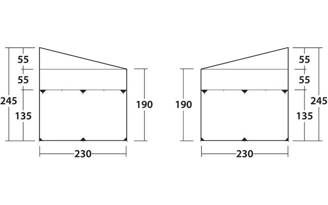 Deux contours côte à côte avec une partie inférieure rectangulaire et un bord supérieur incliné. Sous la base le nombre "230". À droite une ligne de cote verticale indiquée "190". À gauche des cotes empilées : "55", "55", "245", "135". Petits triangles noirs sur le bord supérieur et au centre de la base