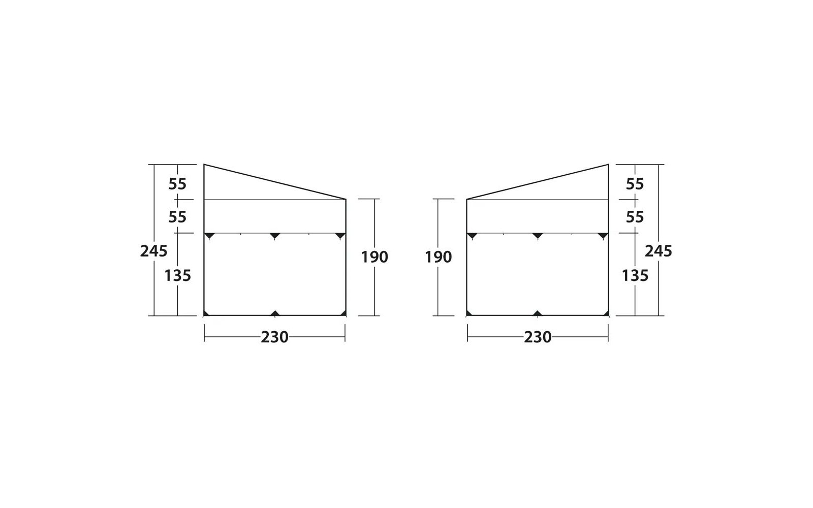 Deux contours côte à côte avec une partie inférieure rectangulaire et un bord supérieur incliné. Sous la base le nombre "230". À droite une ligne de cote verticale indiquée "190". À gauche des cotes empilées : "55", "55", "245", "135". Petits triangles noirs sur le bord supérieur et au centre de la base