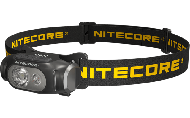 Schwarze Stirnlampe mit zwei LED auf einem schwarzen, elastischen Kopfband mit gelbem Schriftzug 'NITECORE'