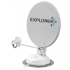 Weiße Satellitenschüssel auf Halterung mit Aufdruck 'EXPLORER', Auslegerarm, LNB und Kabel