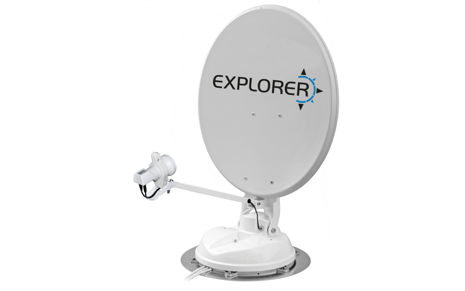 Weiße Satellitenschüssel auf Halterung mit Aufdruck 'EXPLORER', Auslegerarm, LNB und Kabel