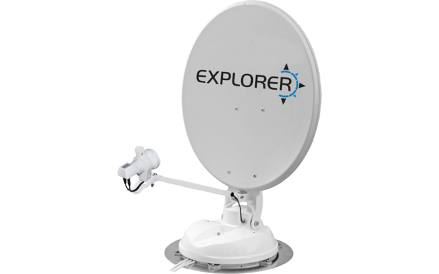 Antenne parabolique blanche sur support avec inscription 'EXPLORER', bras, LNB et câble
