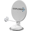 Antenne parabolique blanche sur support avec inscription 'EXPLORER', bras, LNB et câble