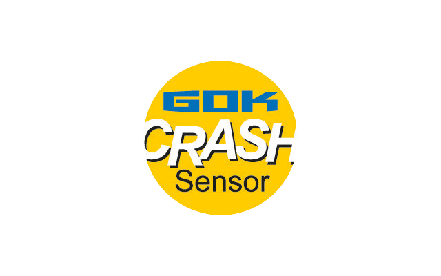 Gelber Kreis mit blauem Schriftzug 'GOK' oben, großem weißen Schriftzug 'CRASH' in der Mitte und schwarzem Wort 'Sensor' unten