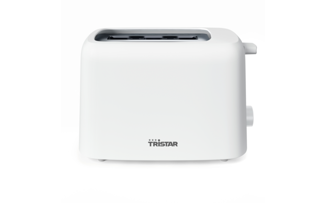 Weißer Toaster mit Schlitz oben, Schriftzug "TRISTAR" auf der Vorderseite und Hebel sowie Drehknopf an der rechten Seite