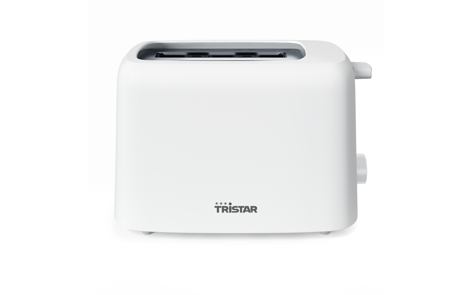 Weißer Toaster mit Schlitz oben, Schriftzug "TRISTAR" auf der Vorderseite und Hebel sowie Drehknopf an der rechten Seite