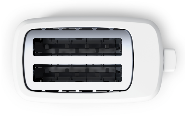 Weißer Toaster von oben mit zwei Einschubschlitzen, schwarzem Innenraum und Hebel rechts