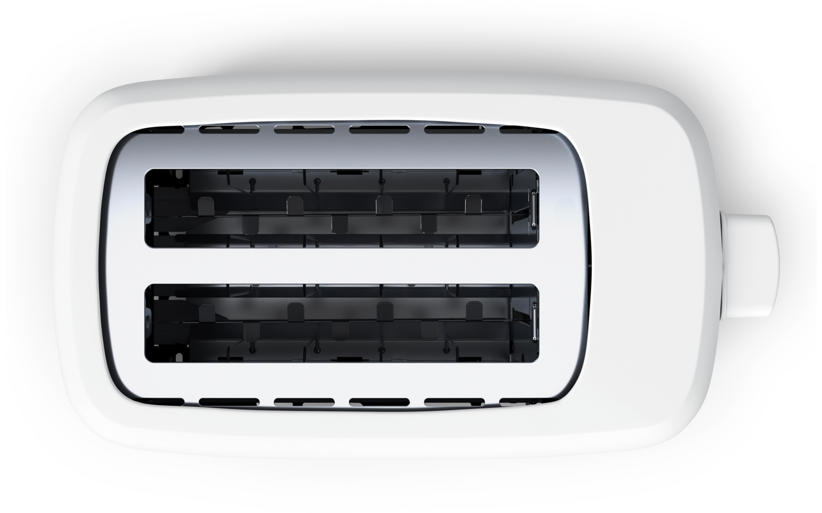 Weißer Toaster von oben mit zwei Einschubschlitzen, schwarzem Innenraum und Hebel rechts