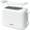 Weißer Toaster für zwei Scheiben mit aufgeklapptem Metall-Brotwärmer über den Schlitzen, Drehregler an der rechten Seite und Markenaufdruck 'TRISTAR' auf der Vorderseite
