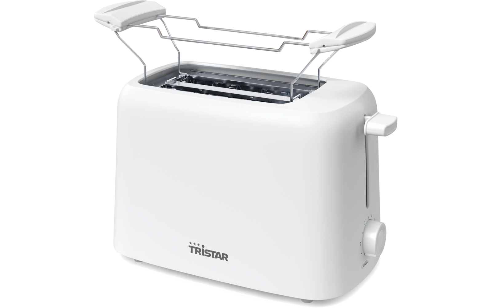 Weißer Toaster für zwei Scheiben mit aufgeklapptem Metall-Brotwärmer über den Schlitzen, Drehregler an der rechten Seite und Markenaufdruck 'TRISTAR' auf der Vorderseite