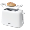 Weißer Doppeltoaster mit Aufwärmgitter, auf dem ein rundes Brötchen liegt; sichtbares Bedienrad und Logo "Tristar"
